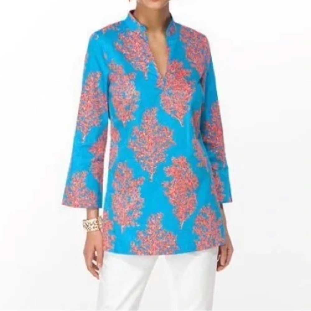 Lilly Pulitzer Ciara Coral V-Neck 3/4 Sleeve Tunic Top